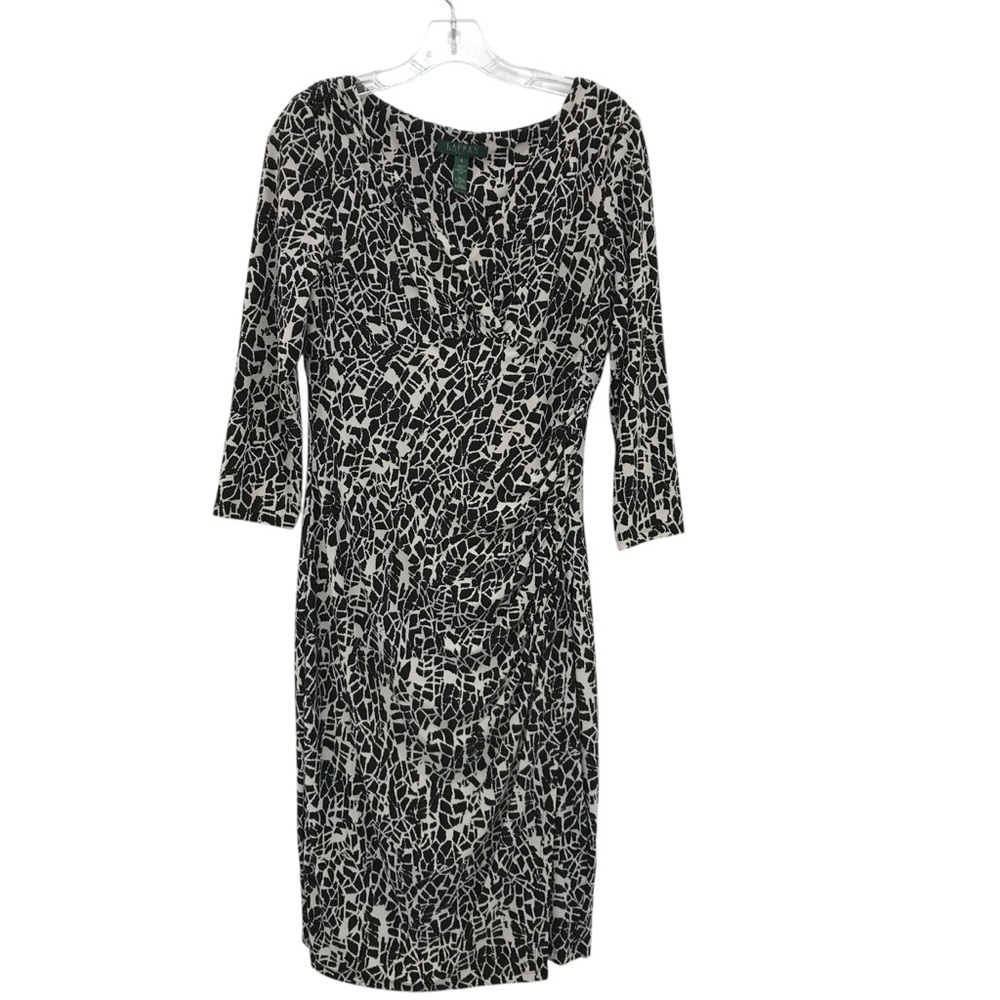 Lauren Ralph Lauren Black White Faux Wrap Dress Casual Business Party Size 8 - Picture 2 of 7